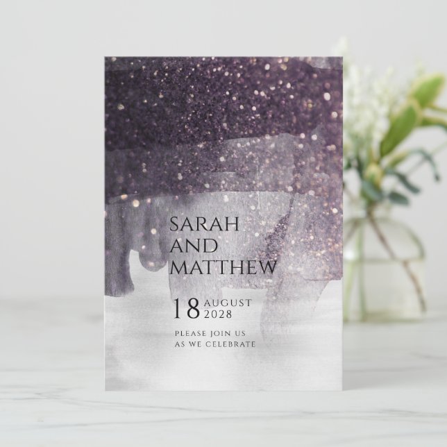 Convites Casamento de Chamada de Plum e Cortina de Prata (Em pé/Frente)