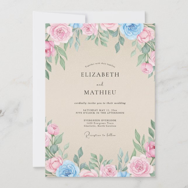Convites Casamento de Champanhe Azul Folhagem Eucalipto (Frente)