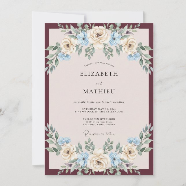 Convites Casamento de Champanhe Borgonha Folhagem Eucalipto (Frente)