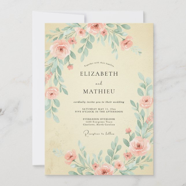 Convites Casamento de Champanhe com Folhagem Eucalipto Rosa (Frente)