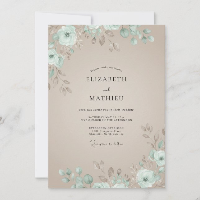 Convites Casamento de Champanhe com Folhagem Seafoam Suave  (Frente)