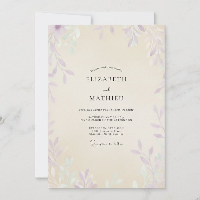 Convites Casamento de Champanhe com Folhagem Violeta Eucali (Frente)