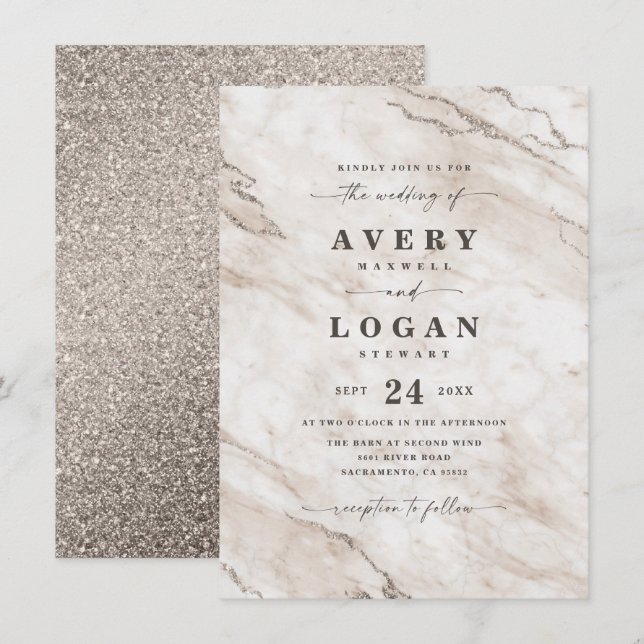 Convites Casamento de Champanhe de Cerca Elegante Marble &  (Frente/Verso)
