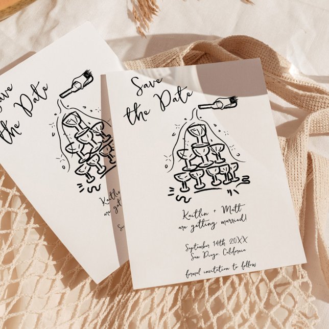 Convites Casamento de Champanhe Desenhado à Mão Funky (Criador carregado)