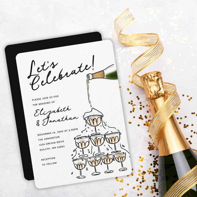 Convites Casamento de Champanhe Desenhado Mão Impressionant (Whimsical Hand Drawn Champagne Tower Wedding Invitation)