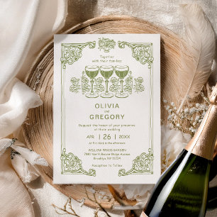 Convites Casamento de champanhe Olive Green Vintage Sparkin