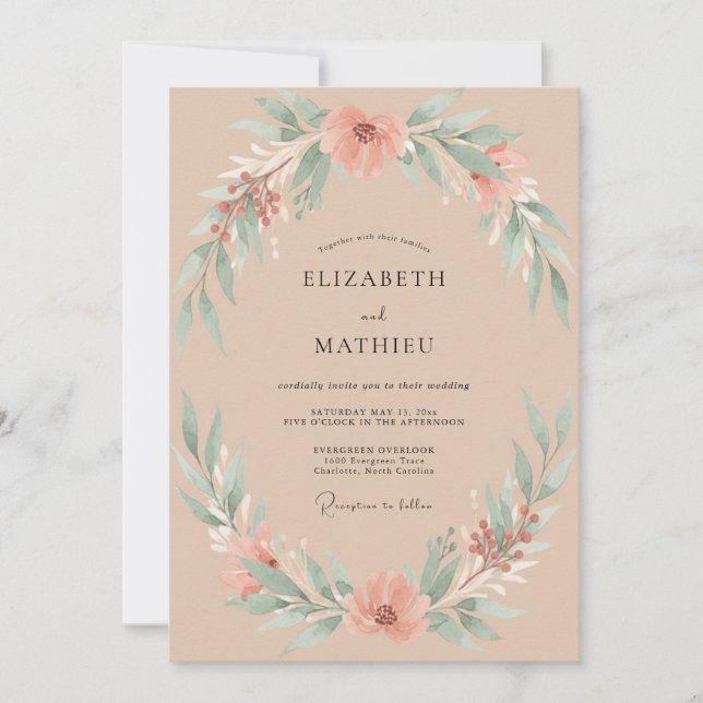 Convites Casamento de Champanhe, Pêssego e Folhagem de Euca (Frente)