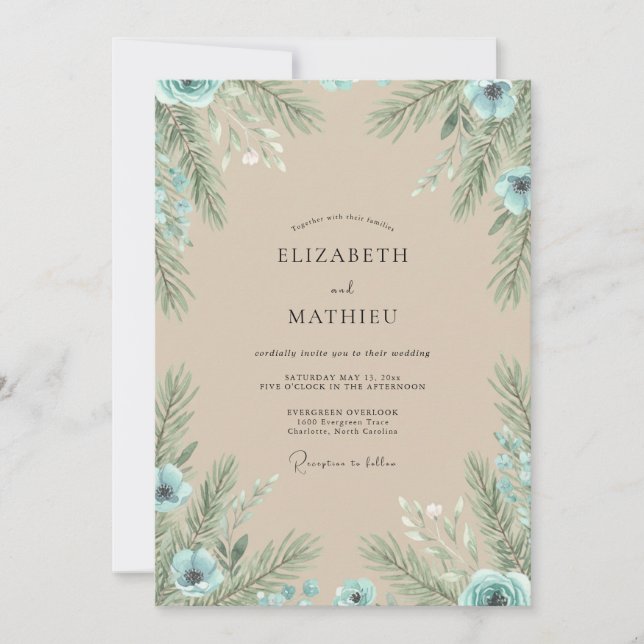 Convites Casamento de Champanhe Pinheiro Eucalipto Verde (Frente)