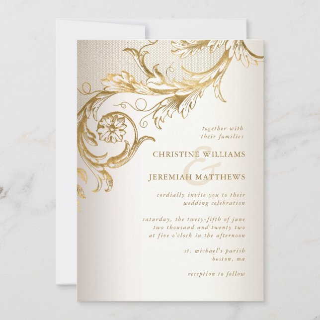 Convites Casamento de Champanhe Shiny com Damasco Dourado E (Frente)