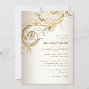 Convites Casamento de Champanhe Shiny com Damasco Dourado E