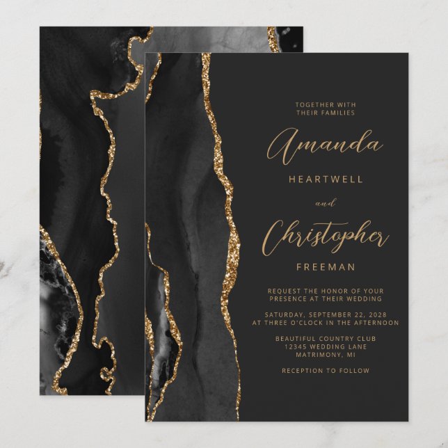 Convites Casamento de Chapas de Arte Dourada Negra Moderna (Frente/Verso)