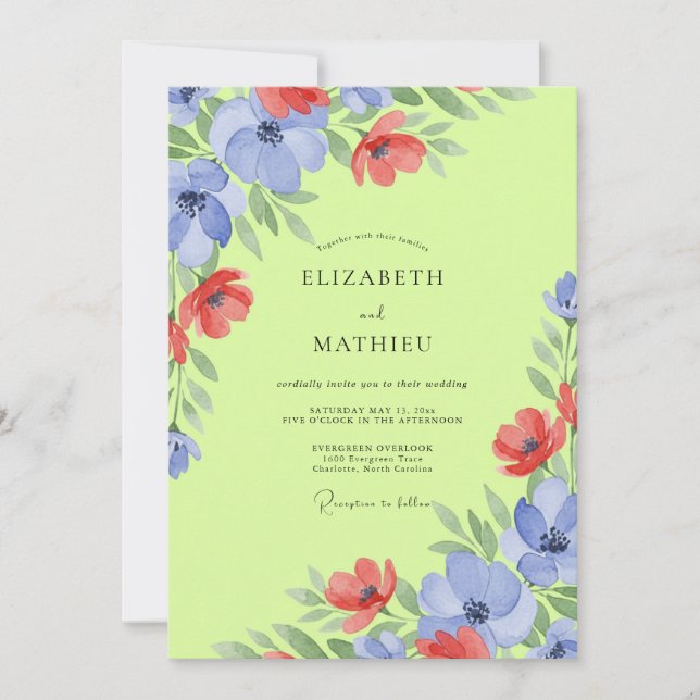 Convites Casamento de Chartruese Periwinkle Papoula Pressio (Frente)