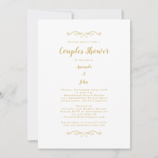 Convites Casamento de Chás de Script Elegante Dourado (Frente)