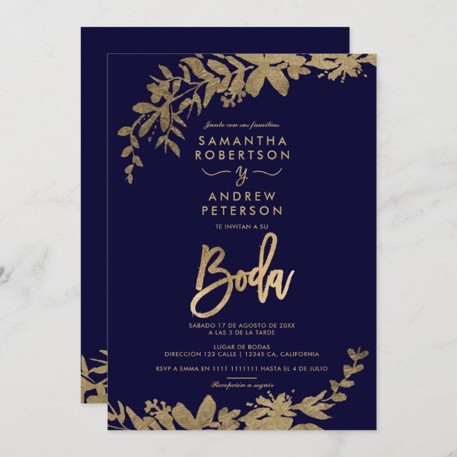 Convites Casamento de chic azul-marinho azul com folha Dour (Frente/Verso)