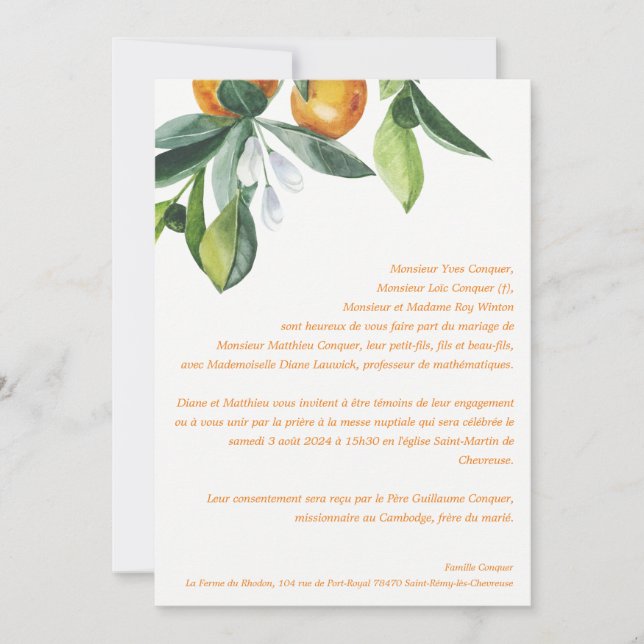 Convites Casamento de Chic Citrus Orange Botanical Boho (Frente)