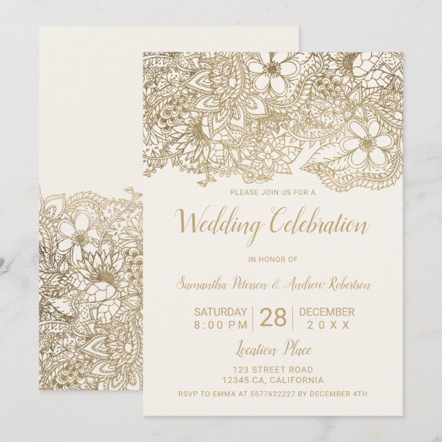 Convites Casamento de chic com dourado de Ivory (Frente/Verso)
