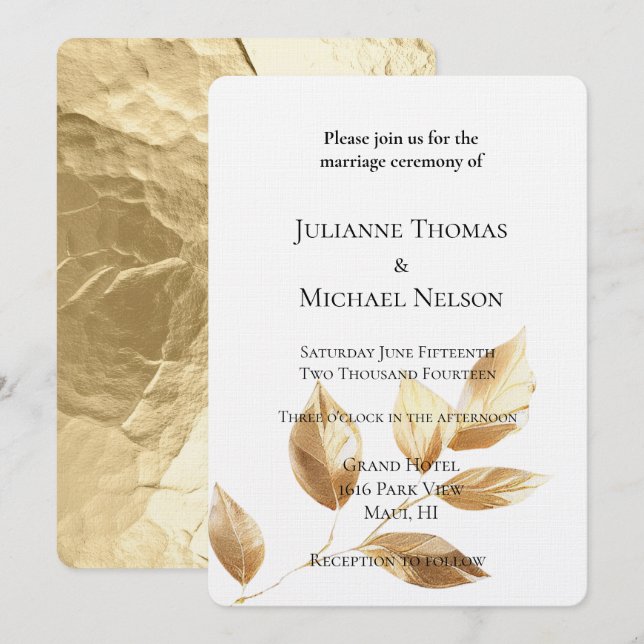Convites Casamento de Chic Dourado Leaves (Frente/Verso)