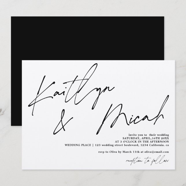 Convites Casamento de chic em caligrafia com script de nome (Frente/Verso)