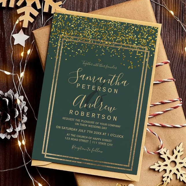 Convites Casamento de chic gold confetti na fronteira verde (Chic gold confetti green border wedding invitation)
