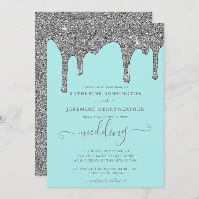 Convites Casamento de Chic Teal e Silver Glitter (Frente/Verso)