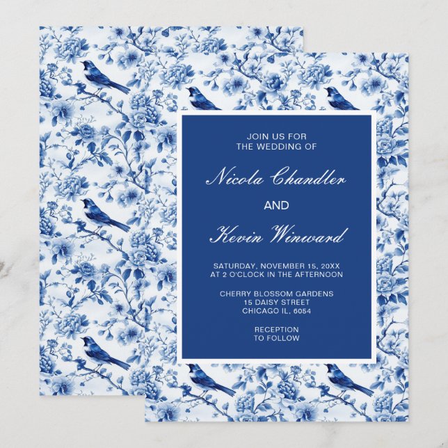 Convites Casamento de Chinoiserie Blue Birds and Flowers (Frente/Verso)