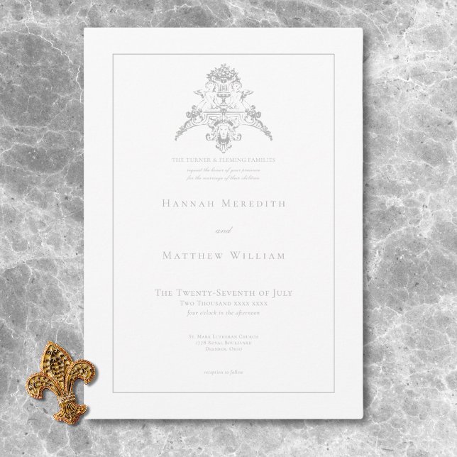 Convites Casamento de Chinoiserie Cherub, Cinza Silver Eleg (Elegant Silver Gray Chinoiserie Cherub Wedding Invitation)