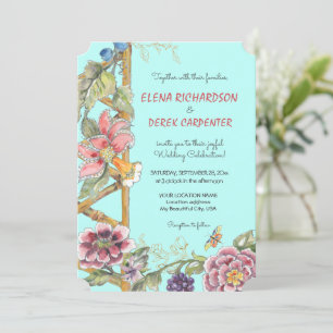 Convites Casamento de Chinoiserie Clássica Oriental Aqua F