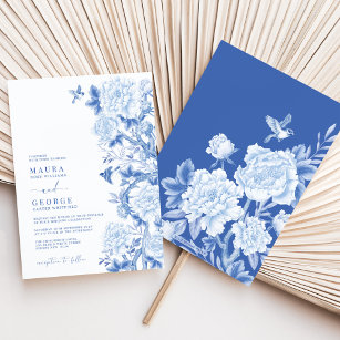 Convites Casamento de Chinoiserie Jardim Floral Azul Branca