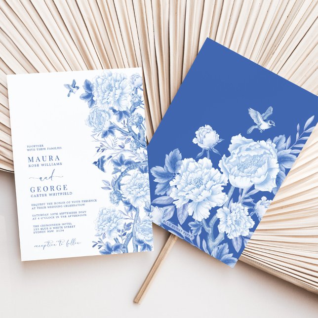 Convites Casamento de Chinoiserie Jardim Floral Azul Branca (Criador carregado)