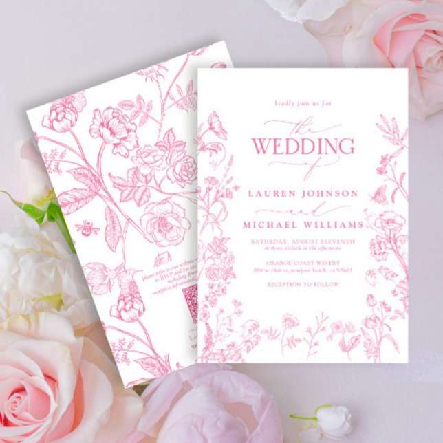 Convites Casamento de Chinoiserie Rosa com Código QR Elegan (Criador carregado)