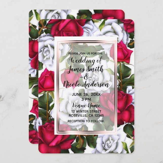 Convites Casamento de Chique de Rosas Vermelhas e Brancas (Frente/Verso)