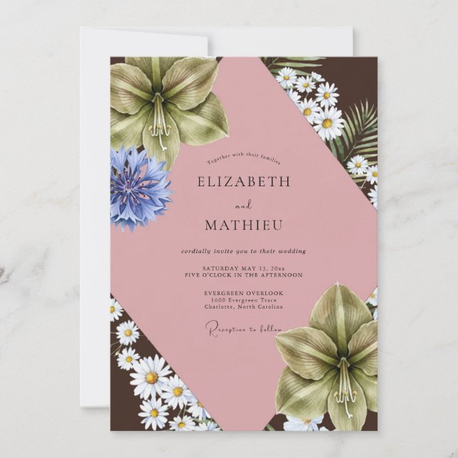 Convites Casamento de Chocolate Blush Daisy Eucalipto (Frente)