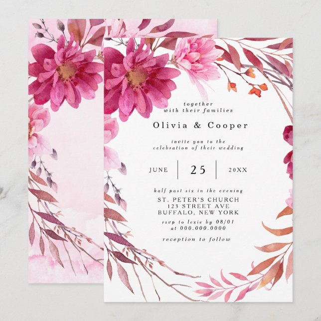 Convites Casamento de Chrysanthemum Wreath Rosa Quente (Frente/Verso)
