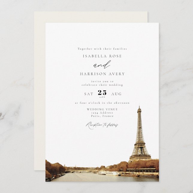 Convites Casamento de Cidade da Torre Eiffel em Watercolor  (Frente/Verso)