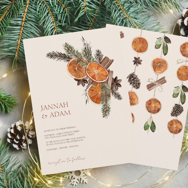 Convites Casamento de Cinnamon de Citrus Cinnamon Secos em  (Winter Orange Slices Dried Citrus Cinnamon Wedding Invitation)
