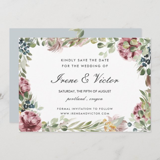 Convites Casamento de Cinza Azul Anemone Blush Salve a data (Frente/Verso)