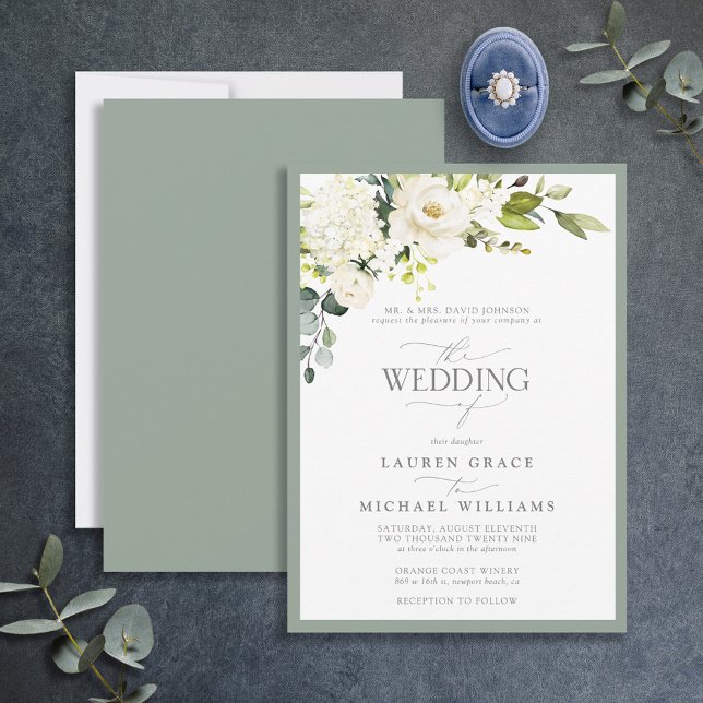 Convites Casamento de Cinza Branca Verde Floral Aquarela (Criador carregado)
