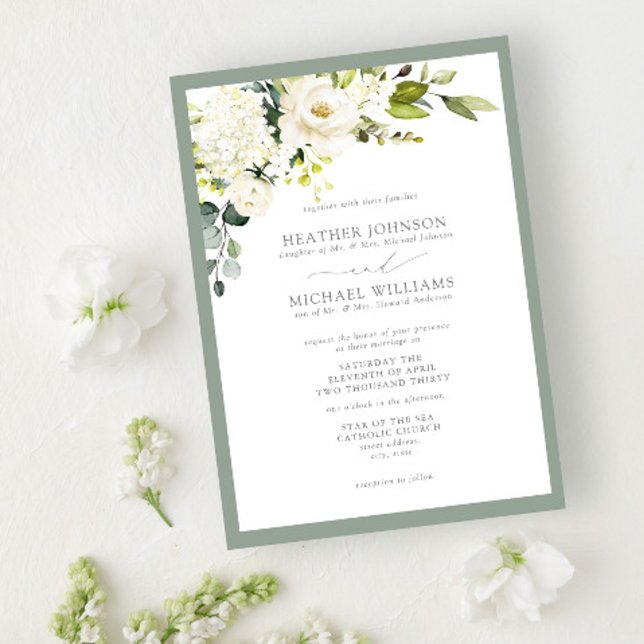 Convites Casamento de Cinza Branca Verde Floral Aquarela (Criador carregado)