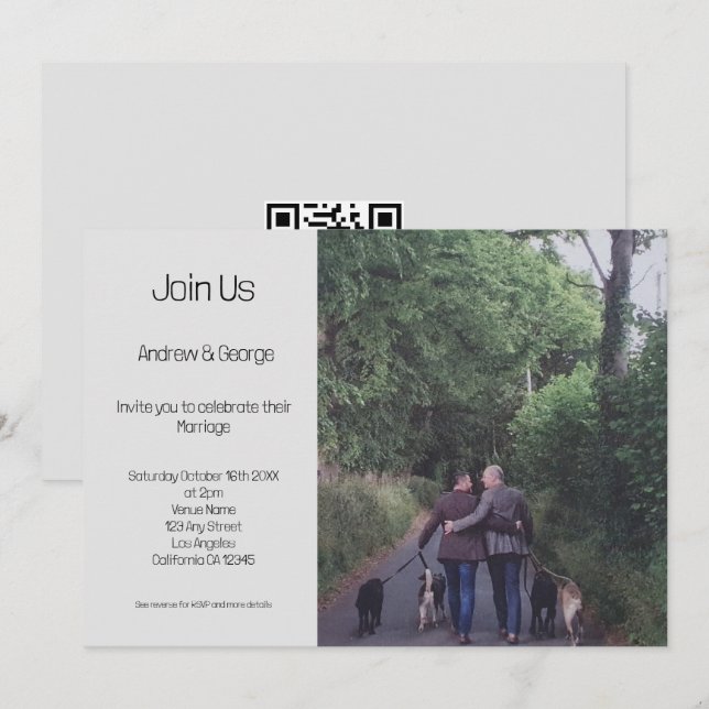 Convites Casamento de Cinza de código QR Gay LGBGQ minimali (Frente/Verso)
