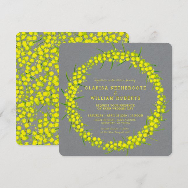 Convites Casamento de cinzas amarelas da arte floral Acacia (Frente/Verso)