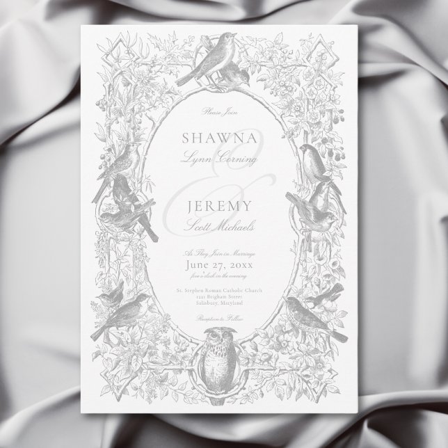 Convites Casamento de Cinzas Chinoiserie Natureza e Aves (Elegant Gray Chinoiserie Nature & Birds Wedding Invitation)