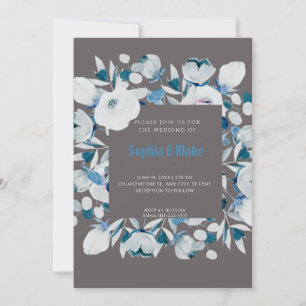 Convites Casamento de Cinzas com Moldes Florais Azuis e Bra
