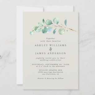 Convites Casamento de Cinzas de Luz Eucalipto Verde Simples