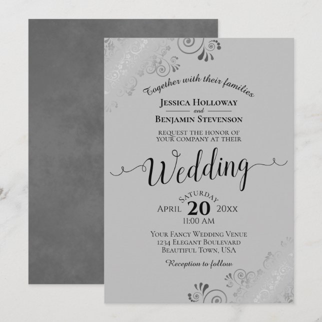 Convites Casamento de Cinzas Elegante Silver Frills (Frente/Verso)