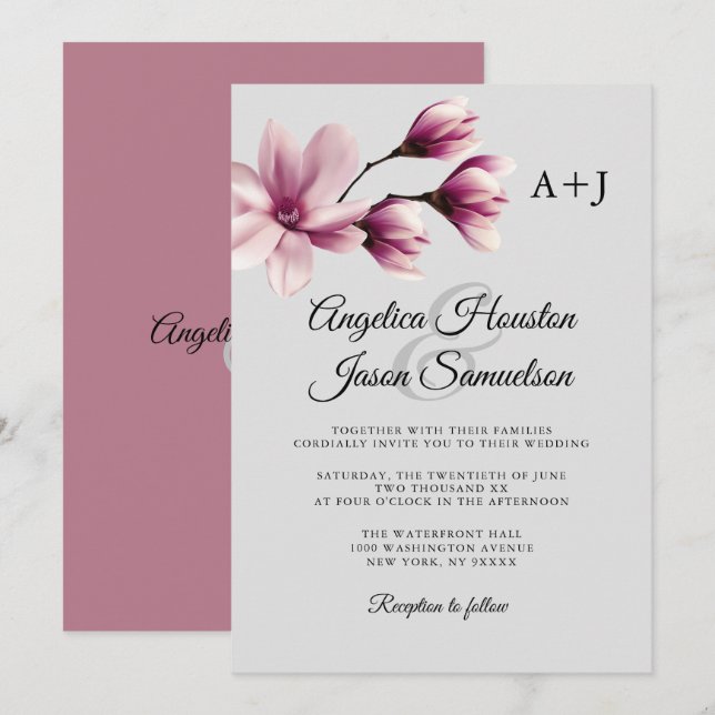 Convites Casamento de Cinzas Mauve Taupe com Duelo Floral d (Frente/Verso)