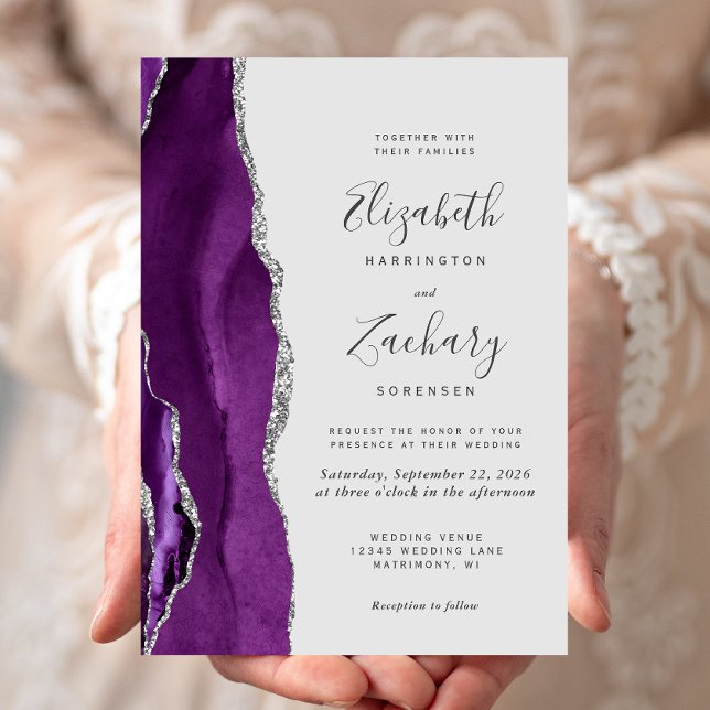Convites Casamento de Cinzas Pálidas de Agata Roxo Moderno (Criador carregado)