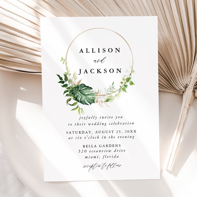 Convites Casamento de Círculo Dourado com Folhas Tropicais  (Criador carregado)