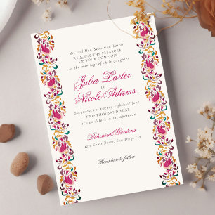Convites Casamento de Cisne Floral Rosa Verde Amarelo Cláss