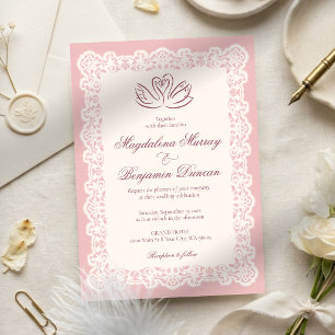 Convites Casamento de Cisne Rosa Bege Elegante Renda Ivory