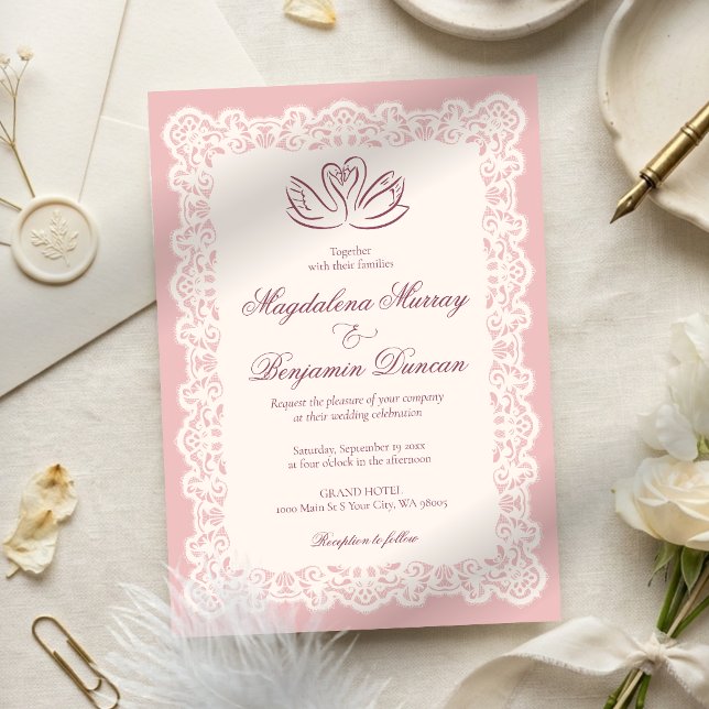 Convites Casamento de Cisne Rosa Bege Elegante Renda Ivory  (Criador carregado)